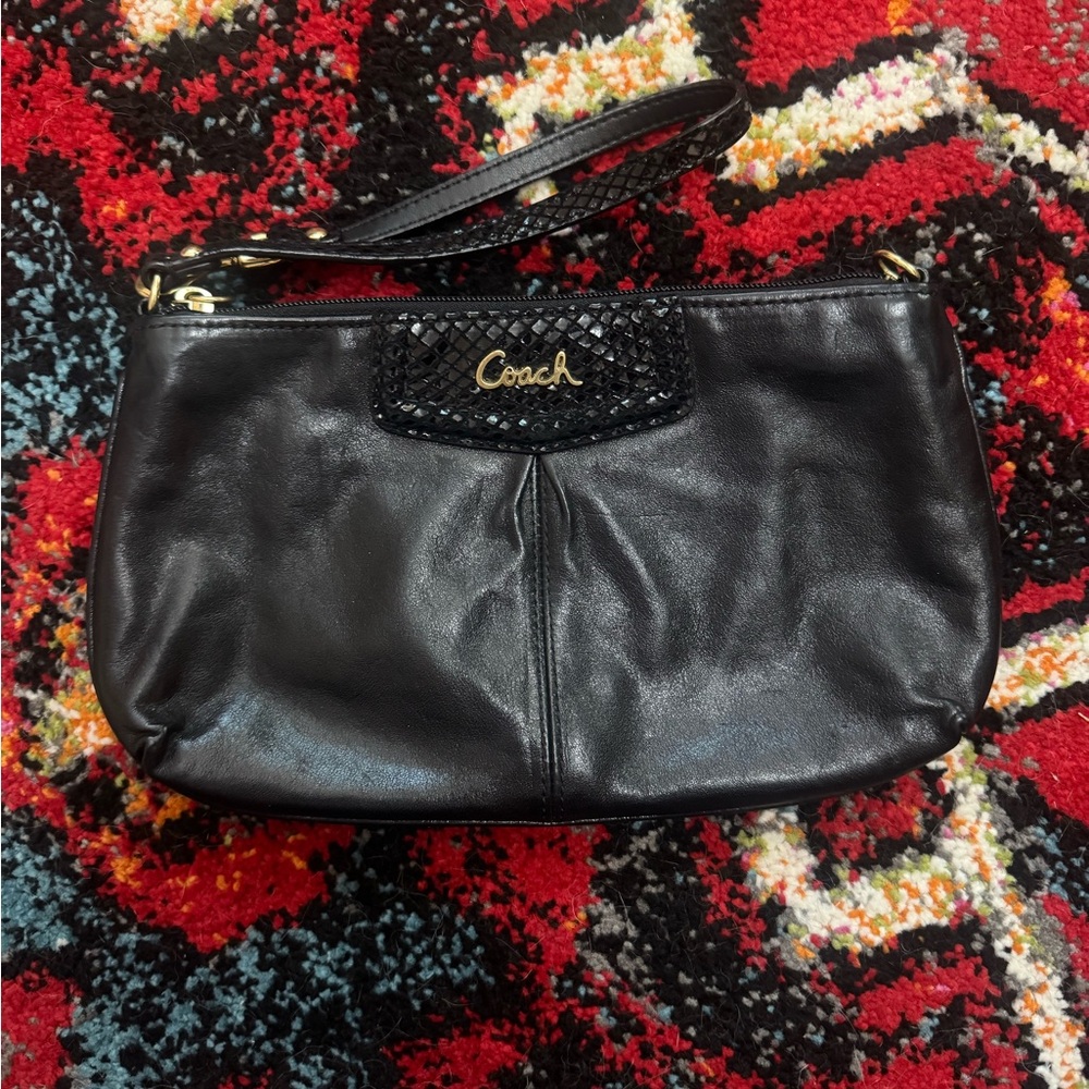 Coach Black Leather Wristlet with Gold Accents